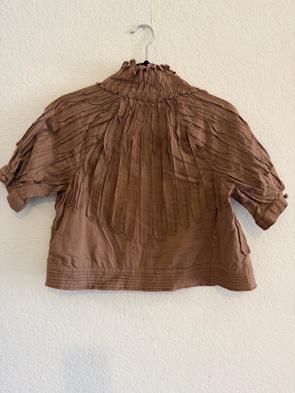 BCBGMaxAzria Brown Textured Short Sleeve Blouse with Pleated Front - Picture 2 of 4